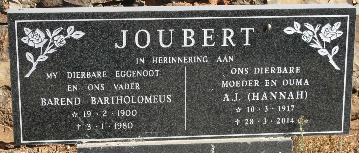 JOUBERT Barend Bartholemeus 1900-1980 &amp; A.J. 1917-2014