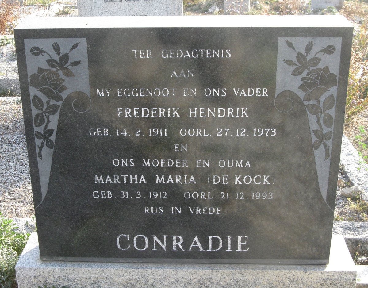 CONRADIE Frederik Hendrik 1911-1973 &amp; Martha Maria DE KOCK 1912-1993