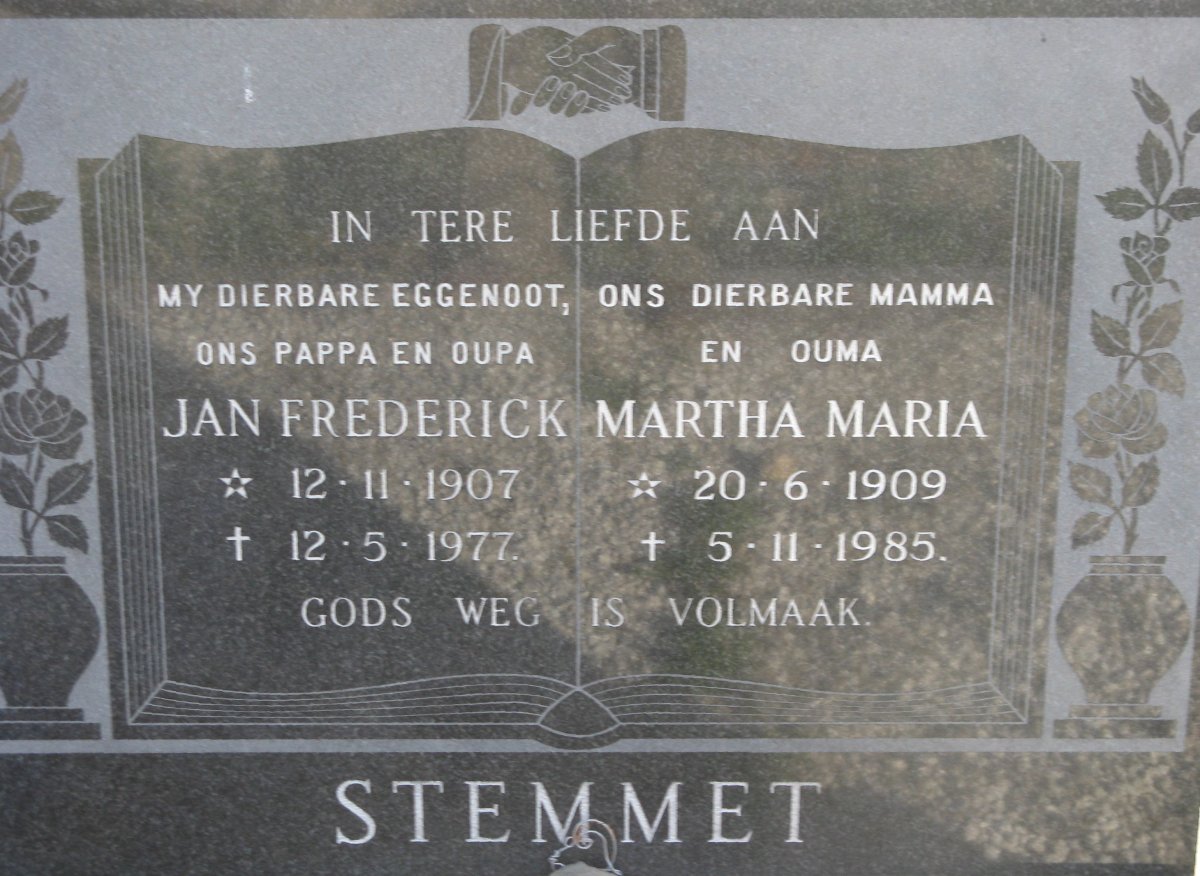 STEMMET Jan Frederick 1907-1977 &amp; Martha Maria 1909-1985