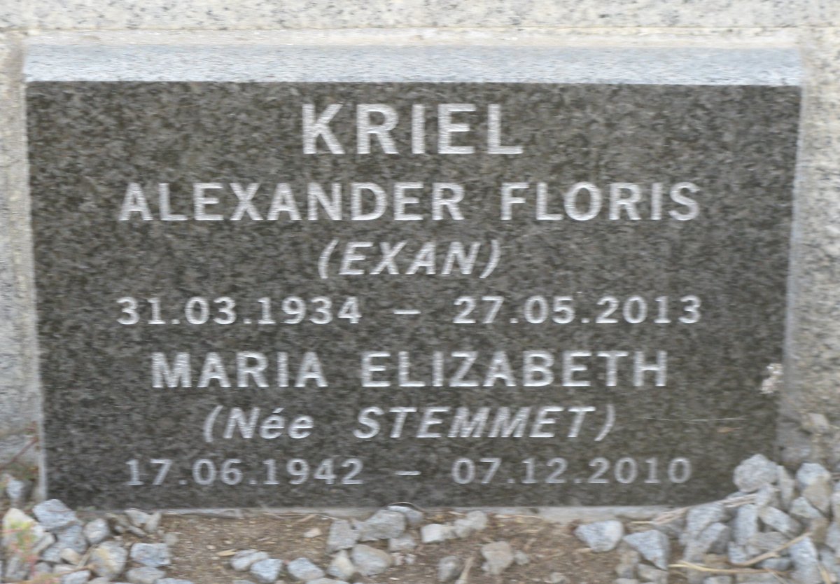 KRIEL Alexander Floris 1934-2013 &amp; Maria Elizabeth STEMMET 1942-2010