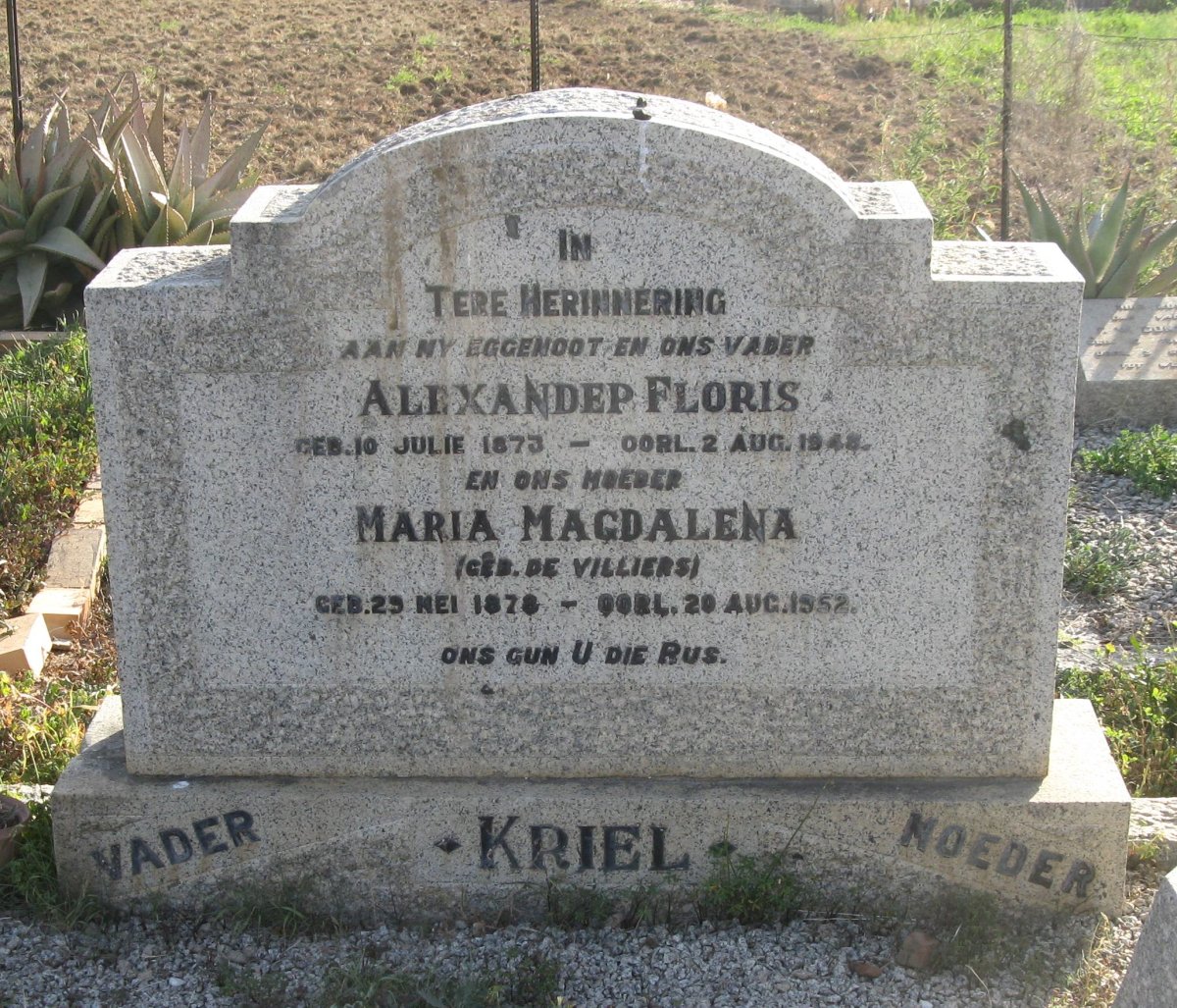KRIEL Alexander Floris 1873-1948 &amp; Maria Magdalena DE VILLIERS 1878-1952