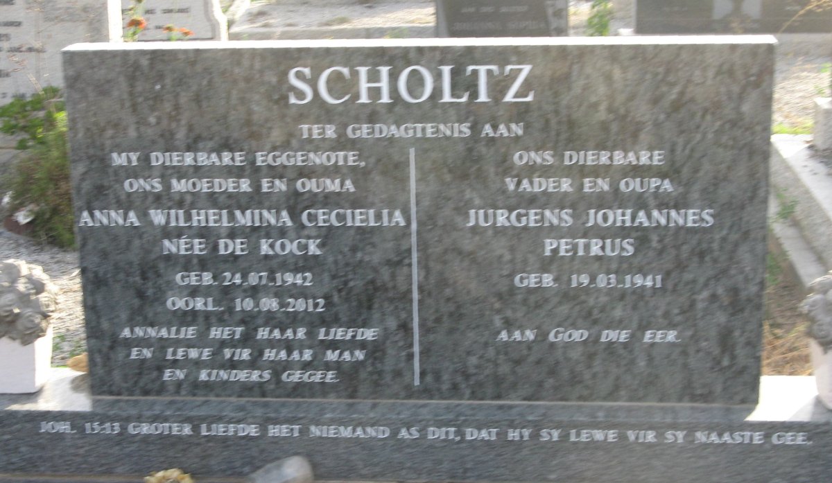 SCHOLTZ Jurgens Johannes Petrus 1941- &amp; Anna Wilhelmina Cecielia DE KOCK 1942-2012