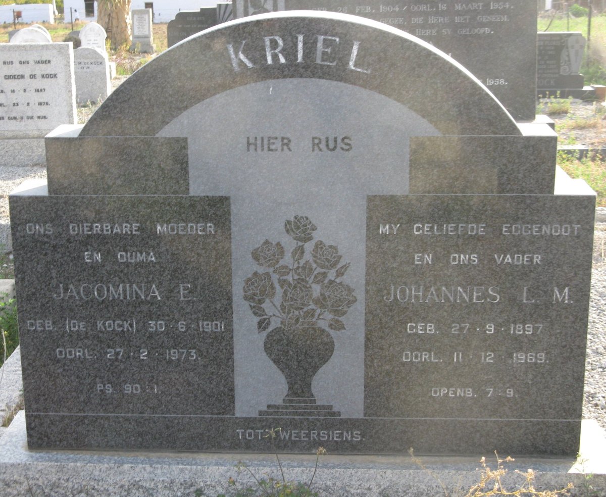 KRIEL Johannes L.M. 1897-1969 &amp; Jacomina E. DE KOCK 1901-1973