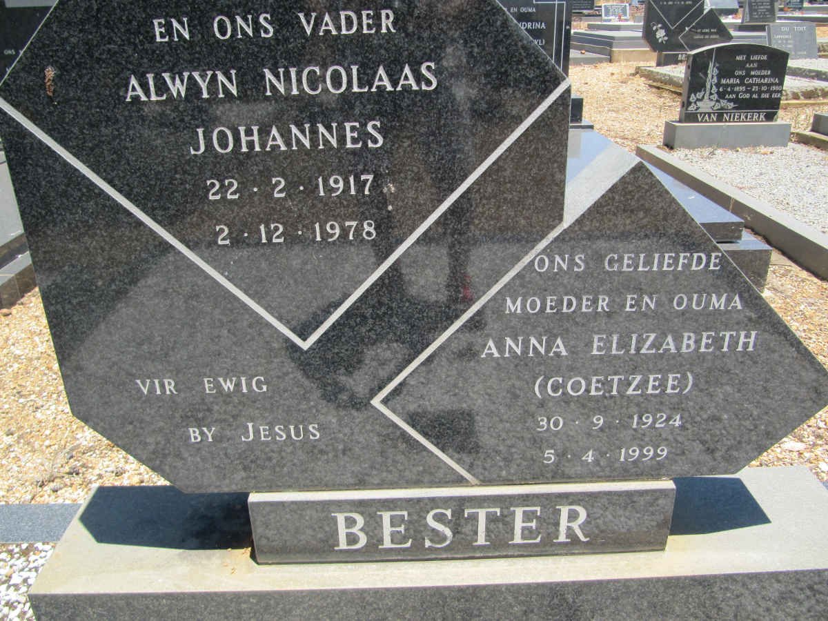 BESTER Alwyn Nicolaas Johannes 1917-1978 &amp; Anna Elizabeth COETZEE 1924-1999
