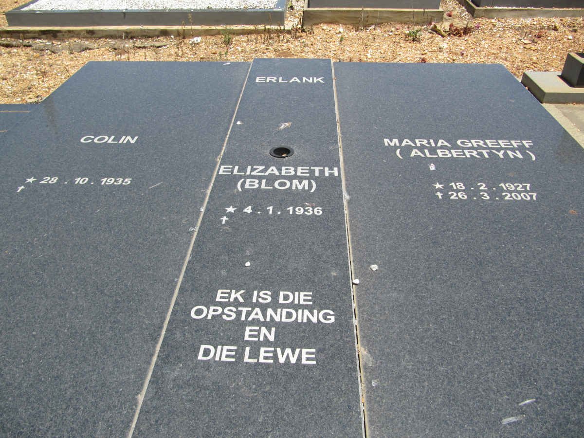 ERLANK Colin 1935- &amp; Elizabeth BLOM 1936- :: GREEFF Maria nee ALBERTYN 1927-2007