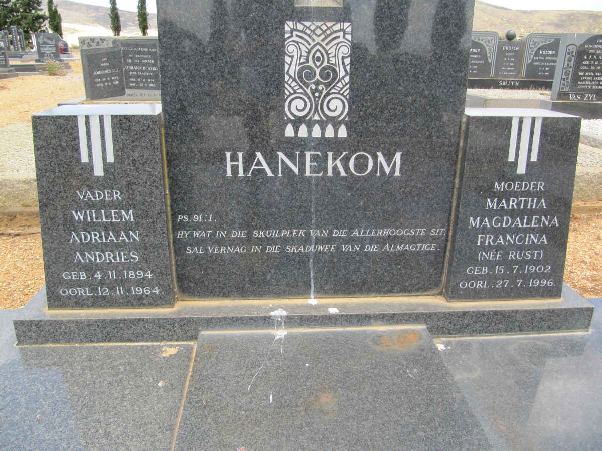 HANEKOM Willem Adriaan Andries 1894-1964 &amp; Martha Magdalena Francina RUST 1902-1996