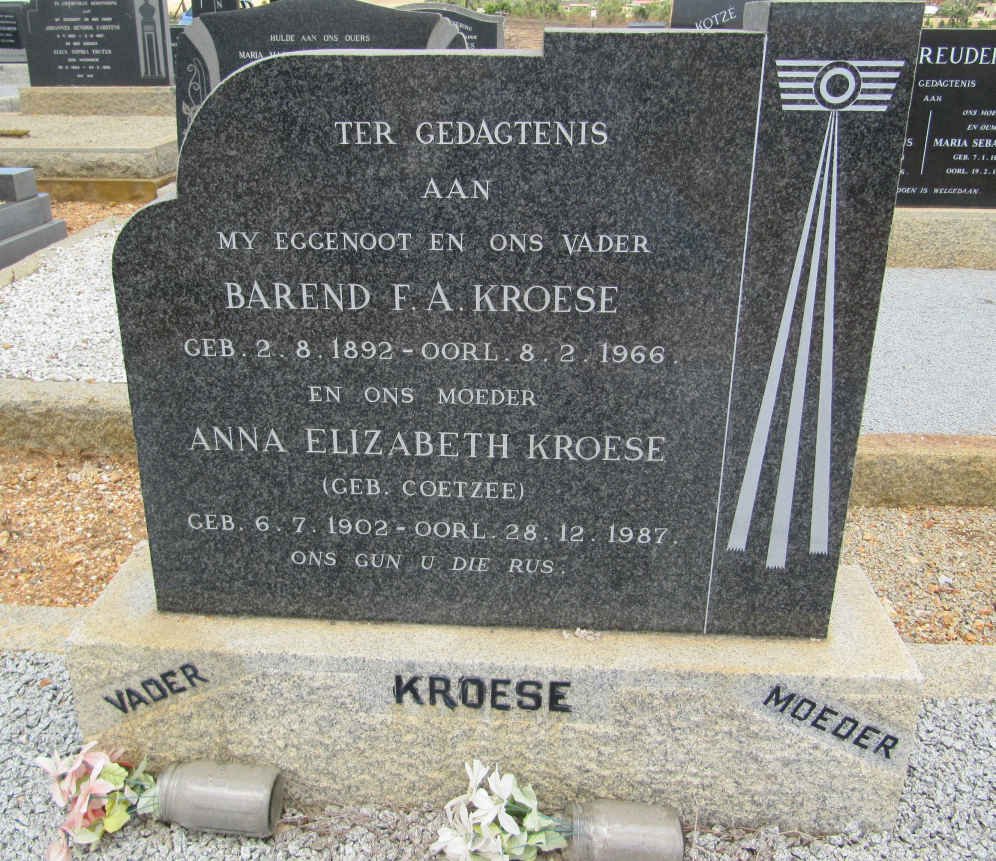 KROESE Barend F.A. 1892-1966 &amp; Anna Elizabeth COETZEE 1902-1987