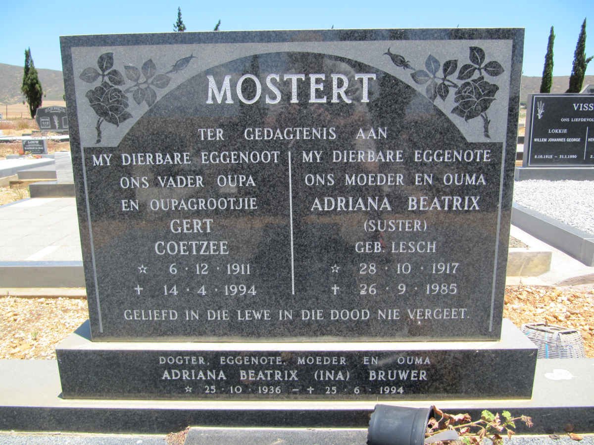 MOSTERT Gert Coetzee 1911-1994 &amp; Adriana Beatrix LESCH 1917-1985 :: BRUWER Adriana Beatrix 1936-1994