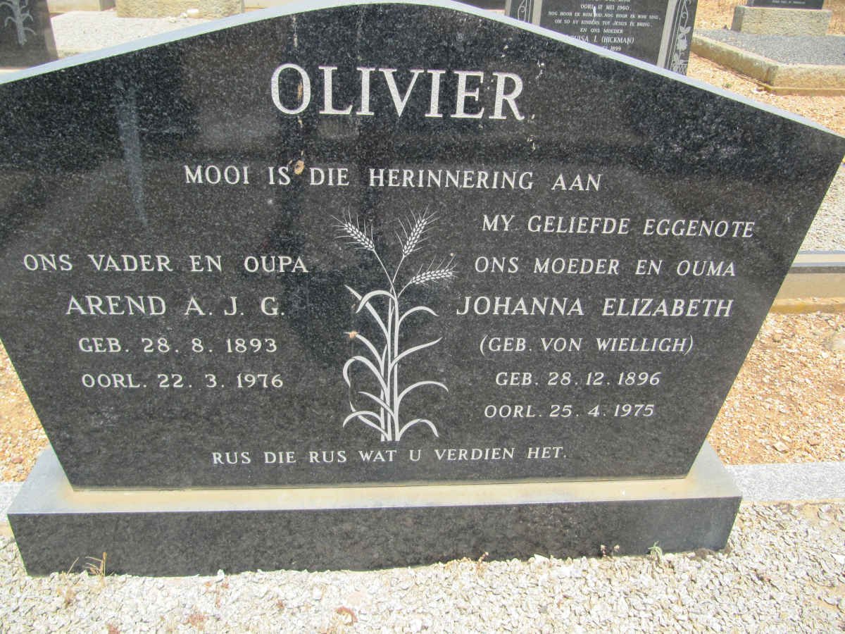 OLIVIER Arend A.J.G. 1893-1976 &amp; Johanna Elizabeth VON WIELLIGH 1896-1975