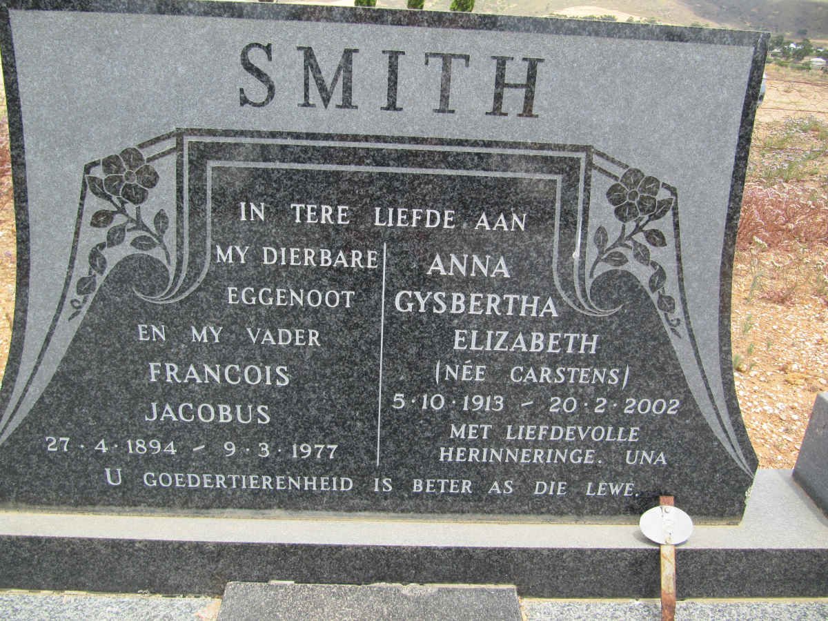 SMITH Francois Jacobus 1894-1977 &amp; Anna Gysbertha Elizabeth CARSTENS 1913-2002