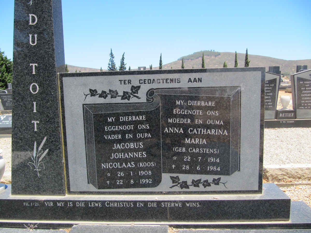 TOIT Jacobus Johannes Nicolaas, du 1908-1992 &amp; Anna Catharina Maria CARSTENS 1914-1984