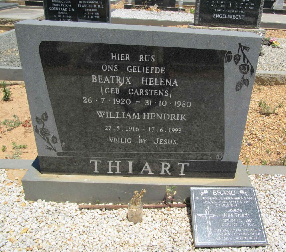 THIART William Hendrik 1916-1993 &amp; Beatrix Helena CARSTENS 1920-1980 :: BRAND Jolene nee THIART 1961-2011