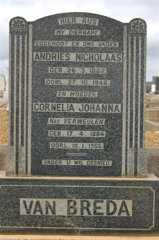 BREDA Andries Nicholaas, van 1882-1946 &amp; Cornelia Johanna VERMEULEN 1884-1956