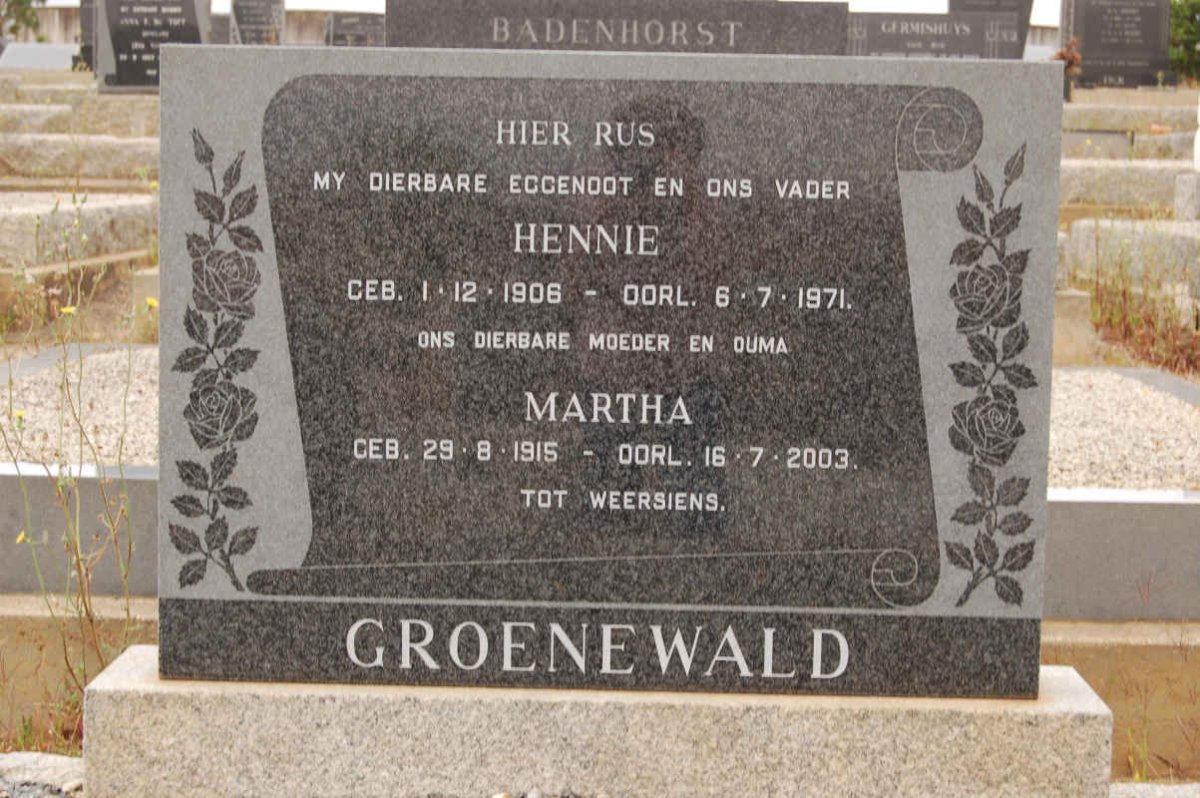GROENEWALD Hennie 1906-1971 &amp; Martha 1905-2003
