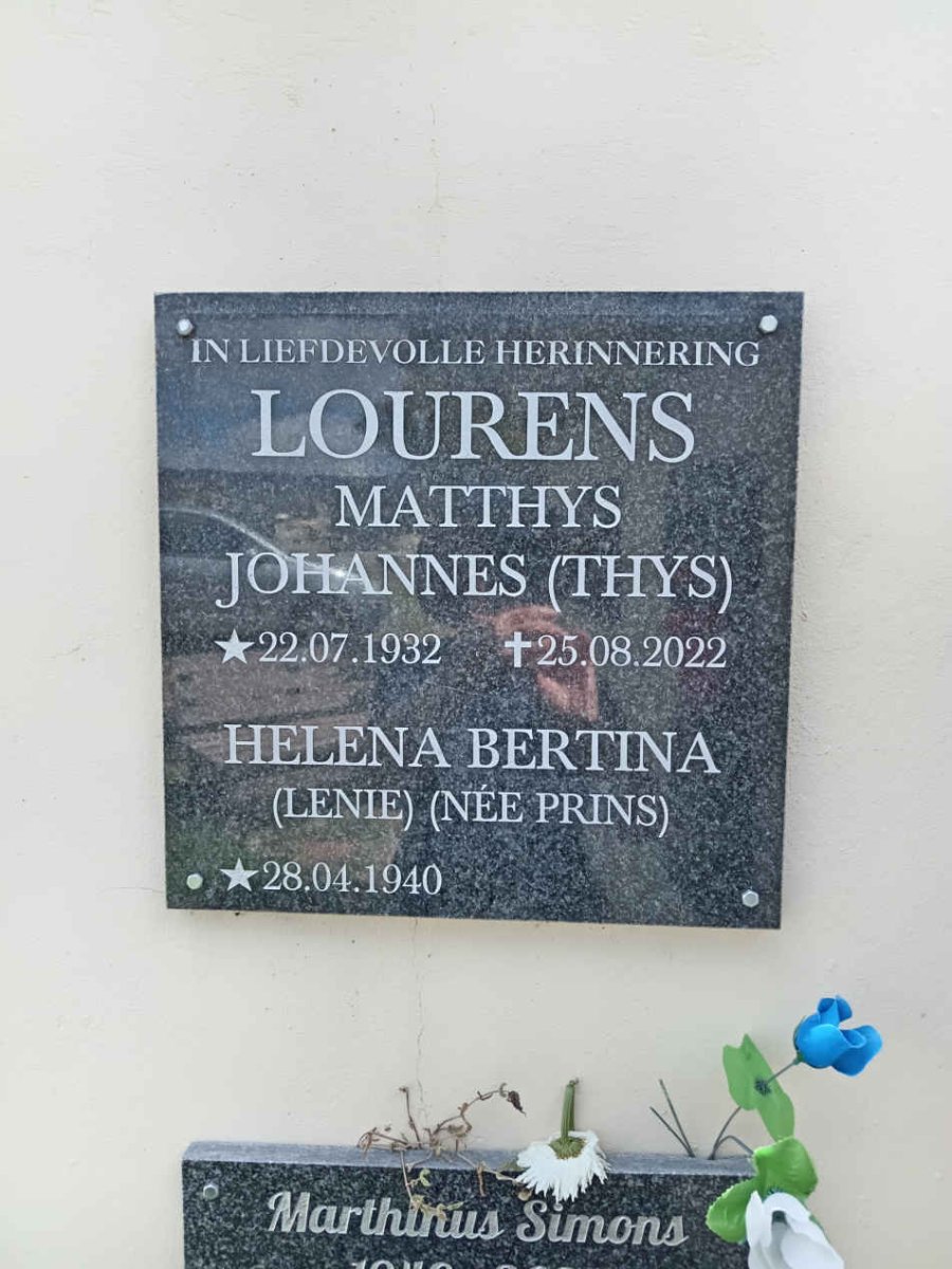 LOURENS Matthys Johannes 1932-2022 & Helena Bertina PRINS 1940-