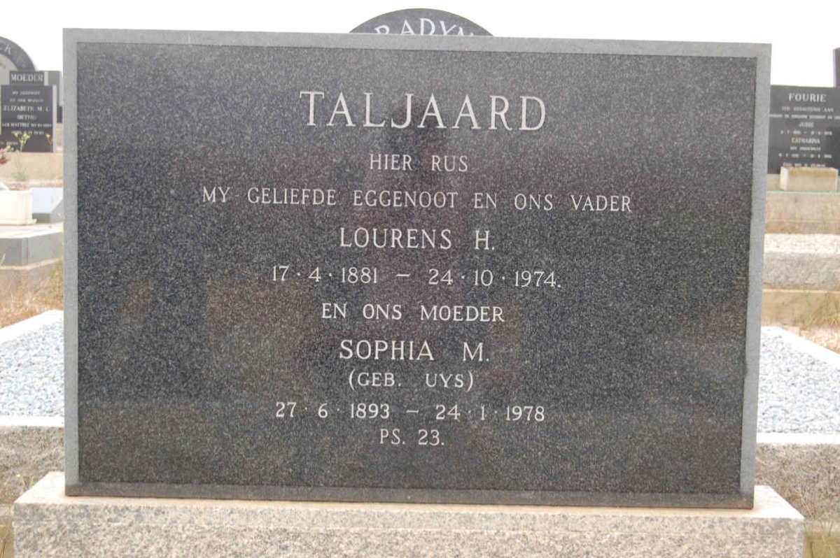 TALJAARD Lourens H. 1881-1974 &amp; Sophia M. UYS 1893-1978