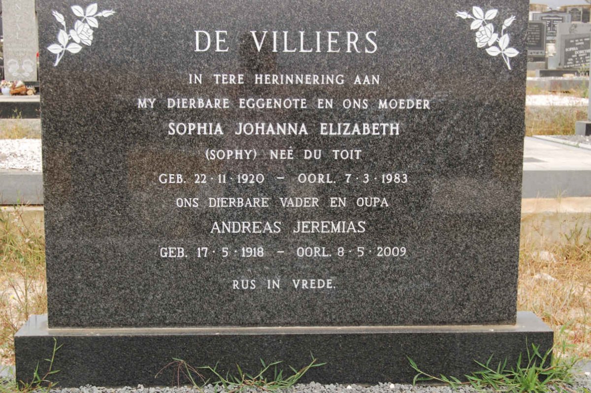 VILLIERS Andreas Jeremias, de 1918-2009 &amp; Sophia Johanna Elizabeth DU TOIT 1920-1983
