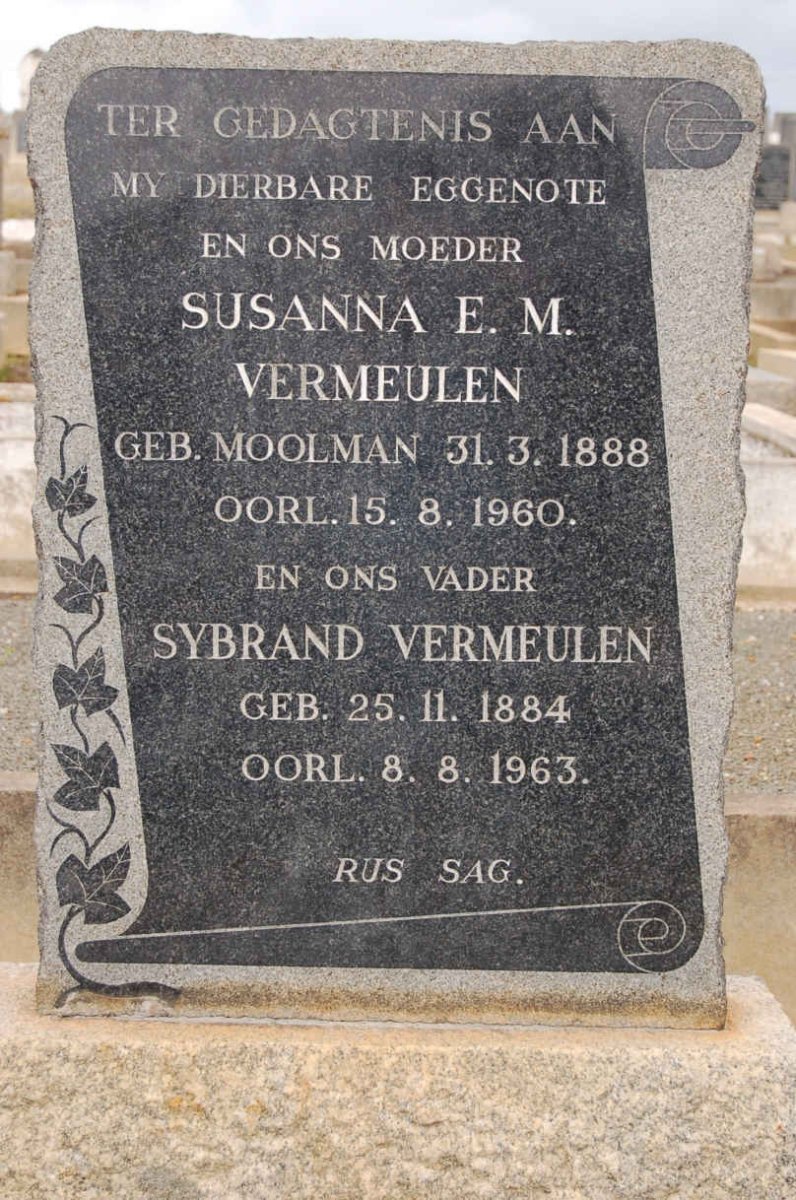 VERMEULEN Sybrand 1884-1963 &amp; Susanna E.M. MOOLMAN 1888-1960