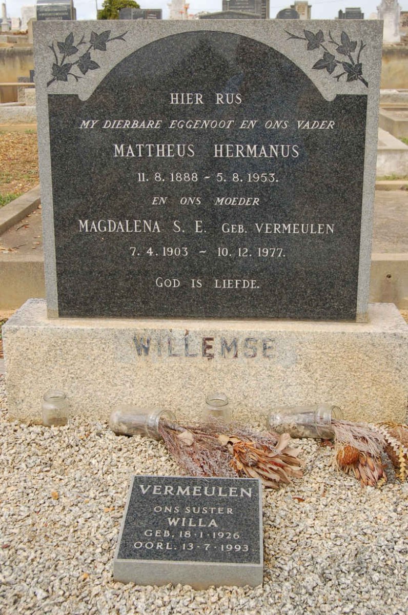 WILLEMSE Mattheus Hermanus 1888-1953 &amp; Magdalena S.E. VERMEULEN 1903-1977 :: VERMEULEN Willa 1926-1993