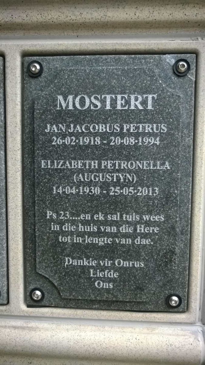 MOSTERT Jan Jacobus Petrus 1918-1994 &amp; Elizabeth Petronella AUGUSTYN 1930-2013