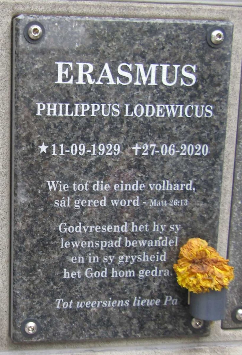 ERASMUS Philippus Lodewicus 1929-2020