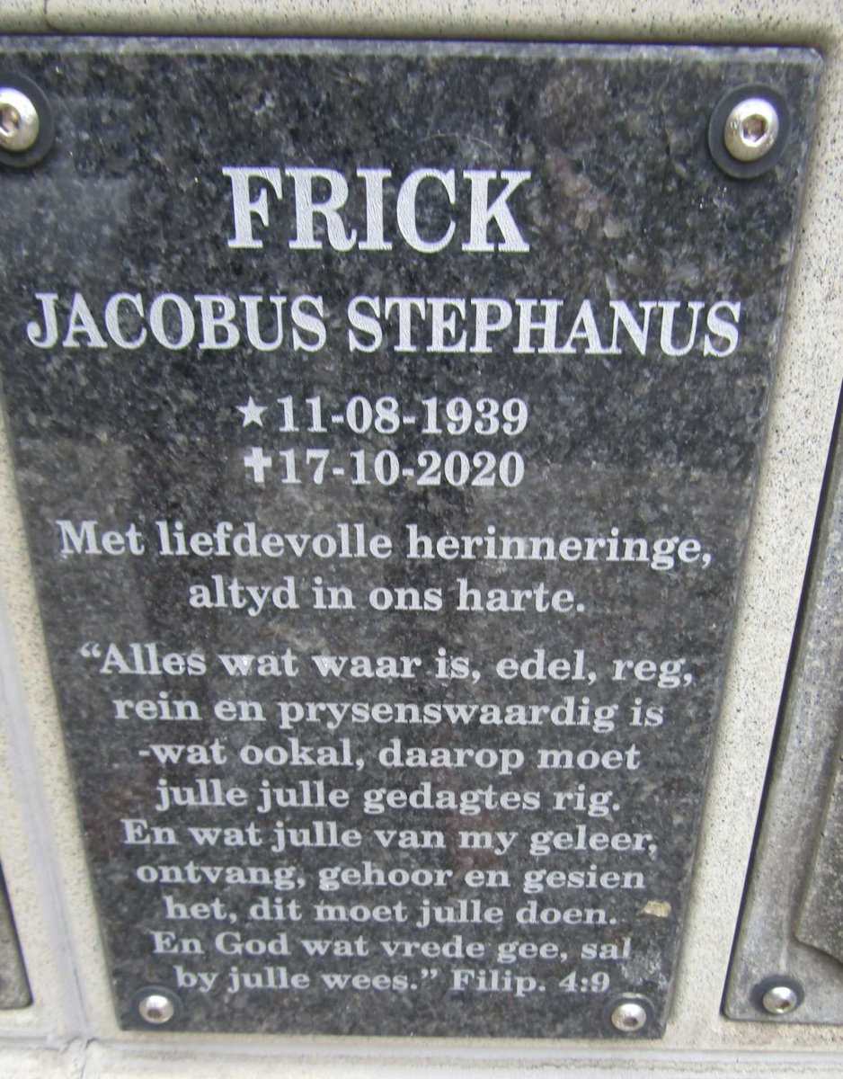 FRICK Jacobus Stephanus 1939-2020