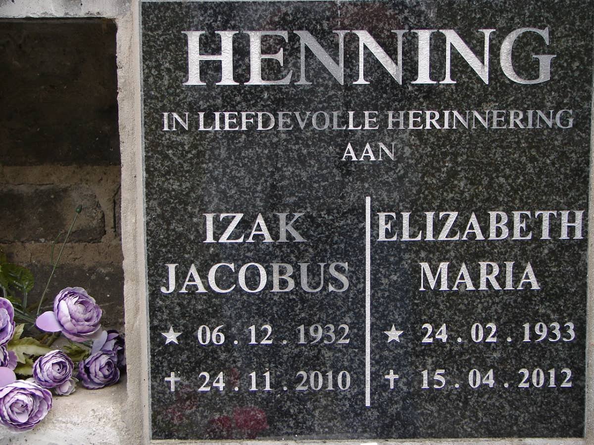 HENNING Izak Jacobus 1932-2010 &amp; Elizabeth Maria 1933-2012