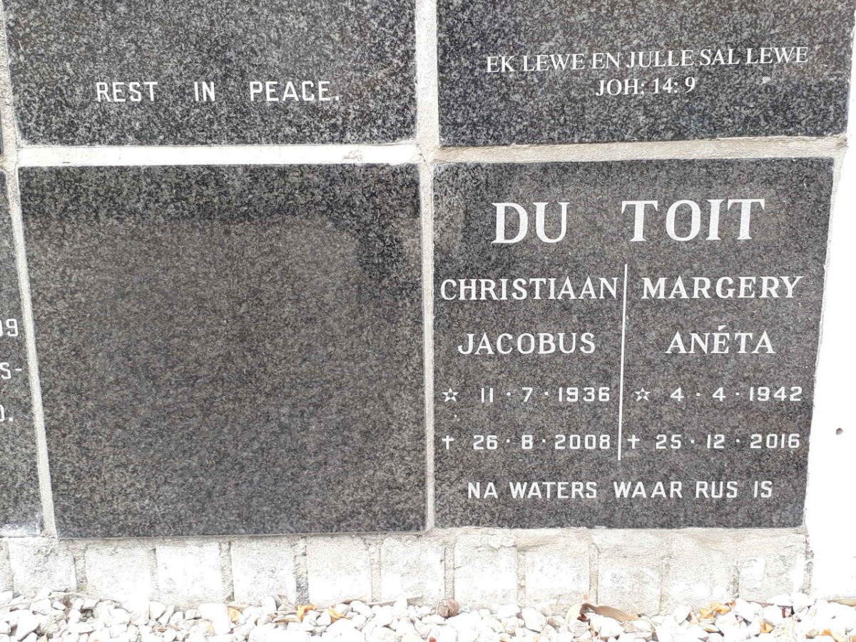 TOIT Christiaan Jacobus, du 1936-2008 &amp; Margery Anéta 1942-2016