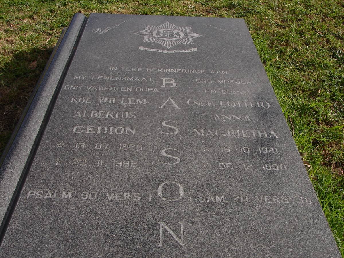 BASSON Willem Albertus Gedion 1926-1996 &amp; Anna Magrietha LOTTER 1941-1998
