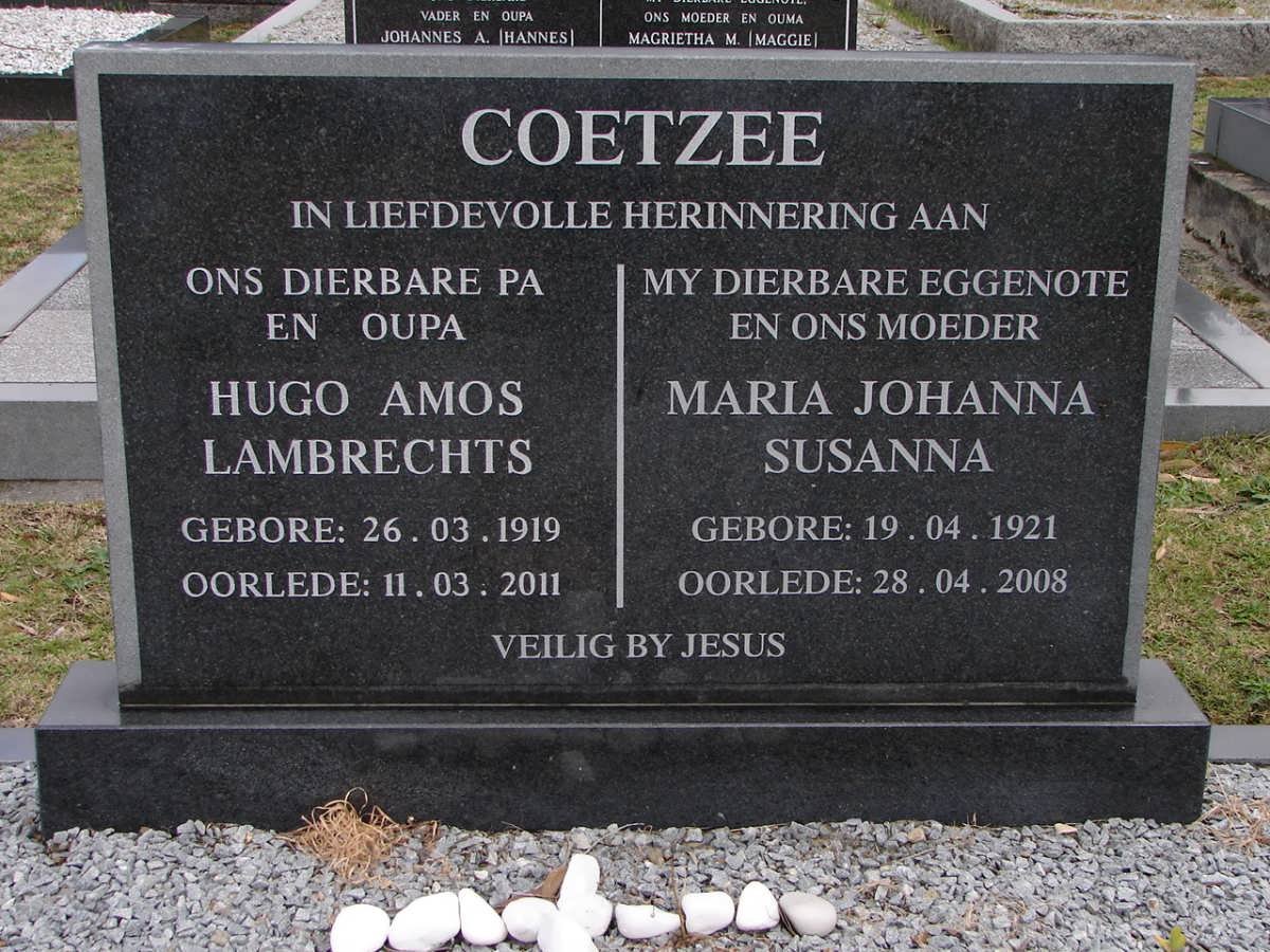 COETZEE Hugo Amos Lambrechts 1919-2011 &amp; Marie Johanna Susanna 1921-2008