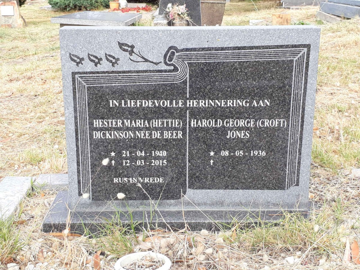 JONES Harold George 1936- :: DICKINSON Hester Maria nee DE BEER 1940-2015