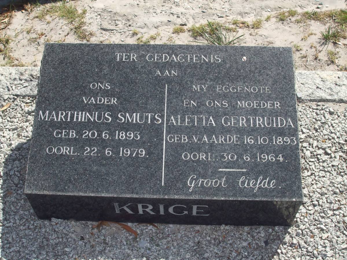 KRIGE Marthinus Smuts 1893-1979 &amp; Aletta Gertruida V. AARDE 1893-1964
