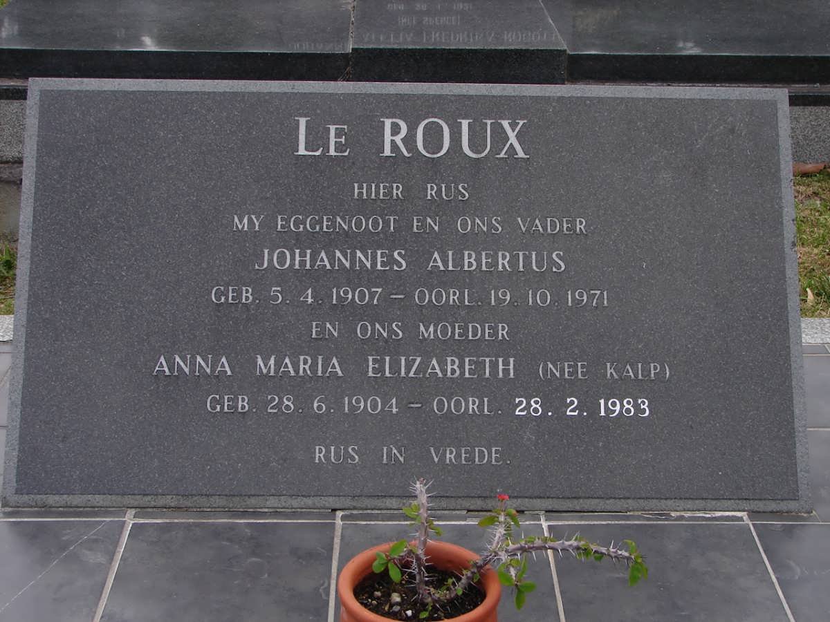 ROUX Johannes Albertus, le 1907-1971 &amp; Anna Maria Elizabeth KALP 1904-1983