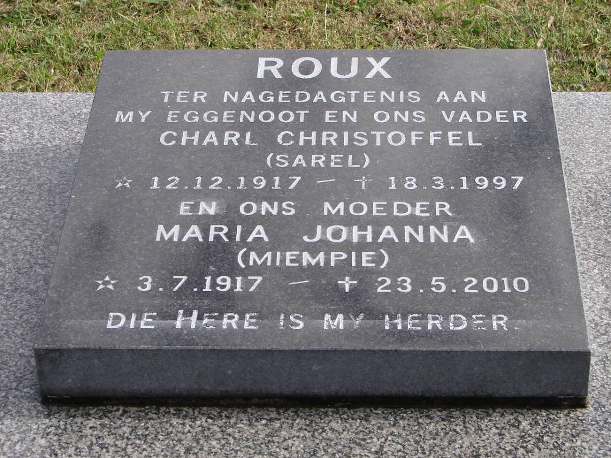 ROUX Charl Christoffel 1917-1997 &amp; Maria Johanna 1917-2010