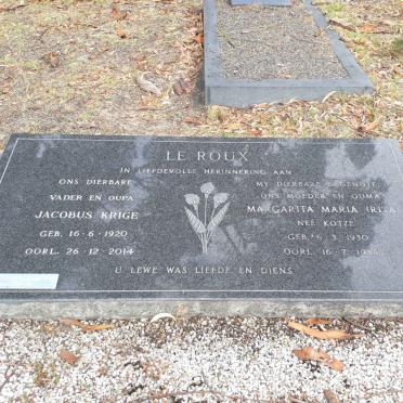 ROUX Jacobus Krige, le 1920-2014 &amp; Margarita Maria KOTZE 1930-1985