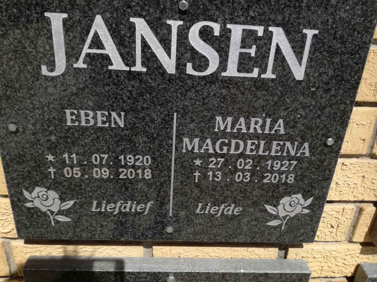 JANSEN Eben 1920-2018 &amp; Maria Magdelena 1927-2018