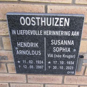 OOSTHUIZEN Hendrik Arnoldus 1924-2007 & Susanna Sophia Via KRUGER 1934-2023