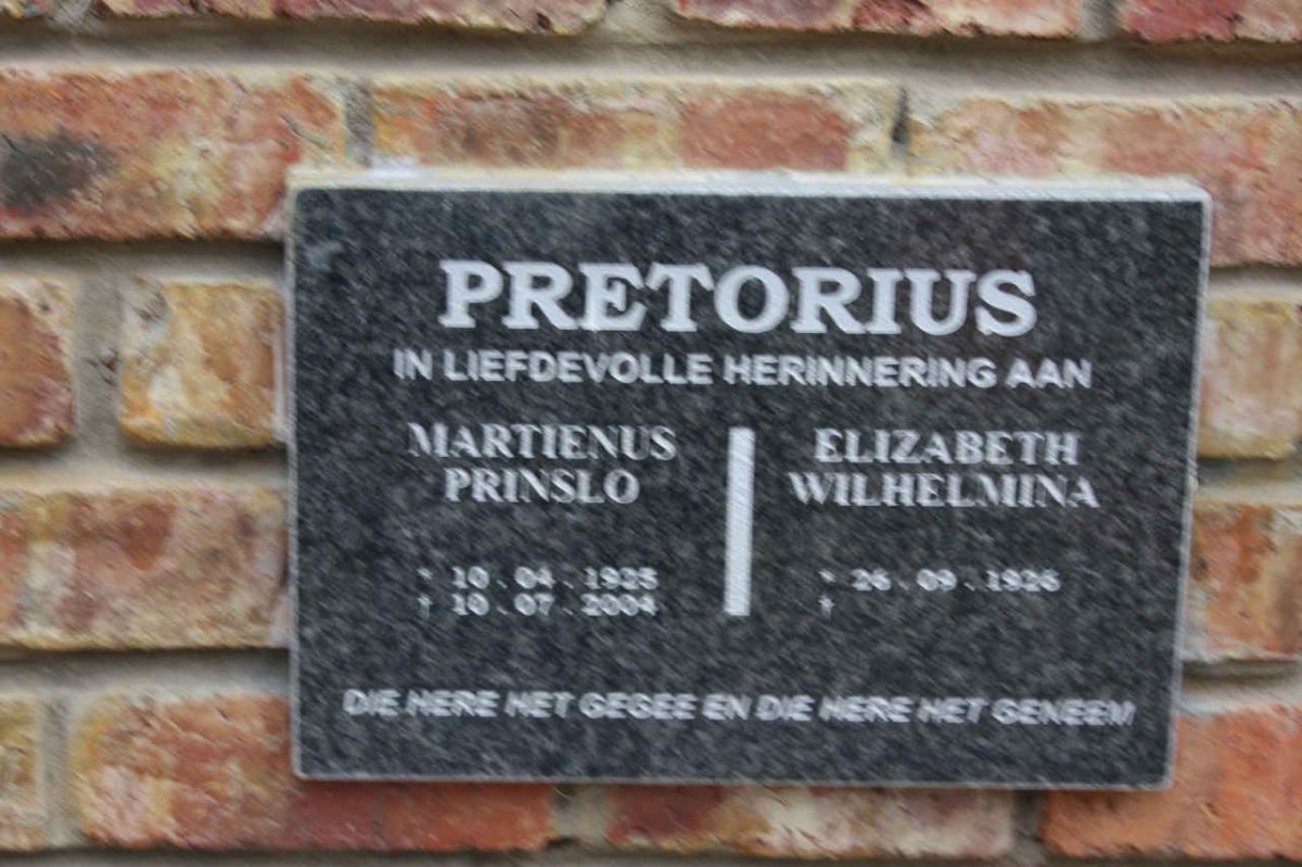 PRETORIUS Martienus Prinslo 1925-2004 &amp; Elizabeth Wilhelmina 1926-