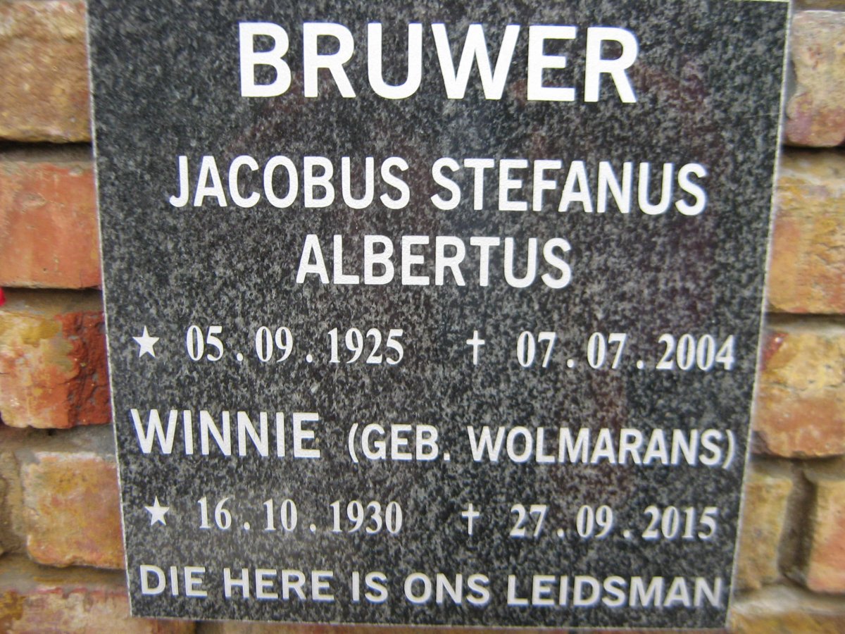 BRUWER Jacobus Stefanus Albertus 1925-2004 &amp; Winnie WOLMARANS 1930-2015
