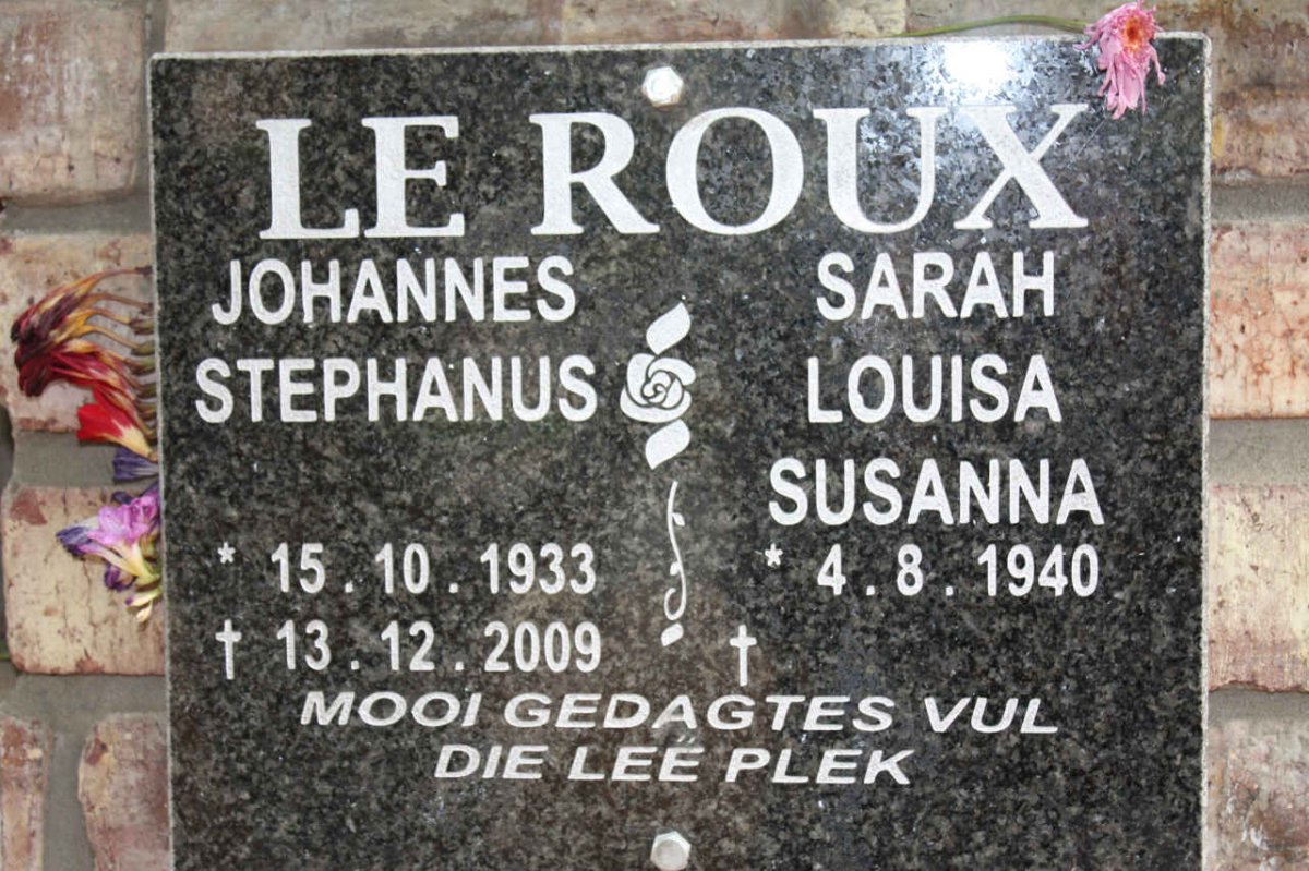 ROUX Johannes Stephanus, le 1933-2009 &amp; Sarah Louisa Susanna 1940-
