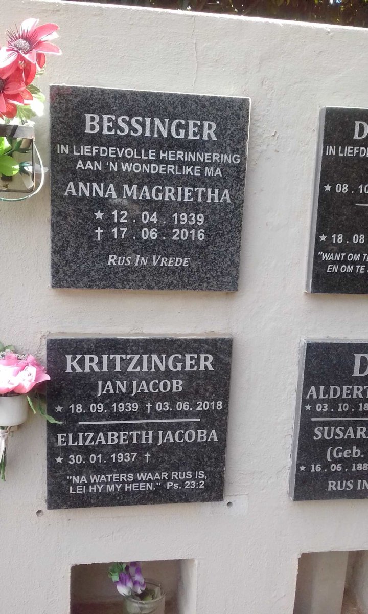 KRITZINGER Jan Jacob 1939-2018 &amp; Elizabeth Jacoba 1937-