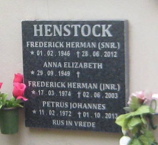 HENSTOCK Frederick Herman 1946-2012 &amp; Anna Elizabeth 1949- :: HENSTOCK Petrus Johannes 1972-2013