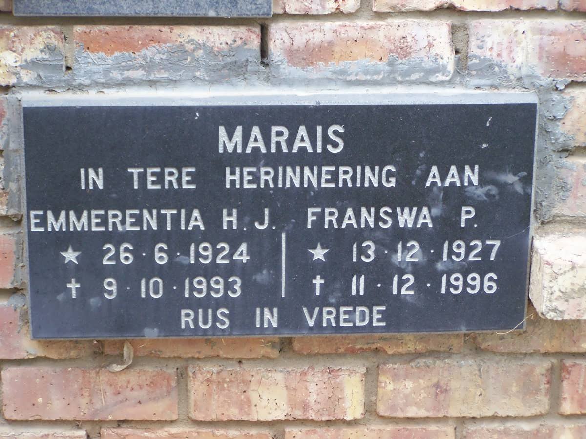 MARAIS Franswa P. 1927-1996 &amp; Emmerentia H.J. 1924-1993