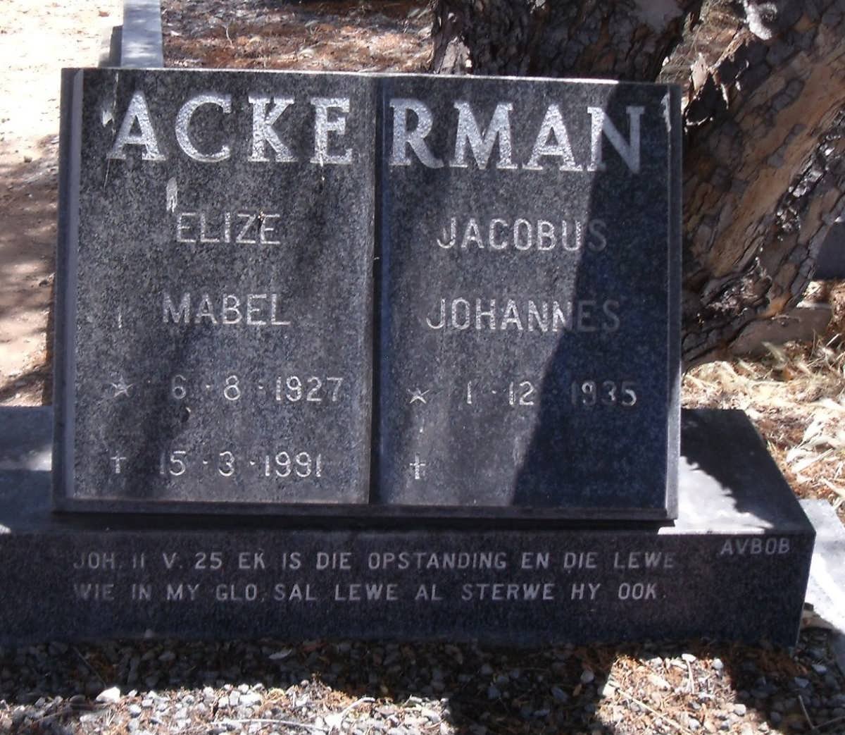 ACKERMAN Jacobus Johannes 1935- &amp; Elize Mabel 1927-1991