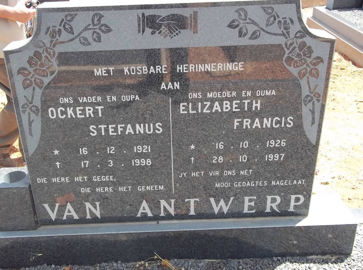ANTWERP Ockert Stefanus, van 1921-1998 &amp; Elizabeth Francis 1926-1997