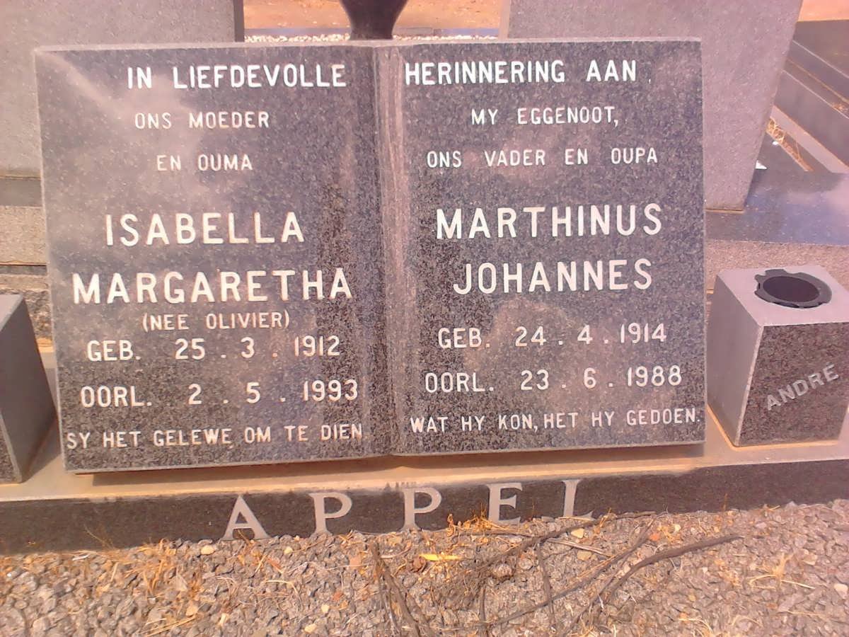 APPEL Marthinus Johannes 1914-1988 &amp; Isabella Margaretha OLIVIER 1912-1993