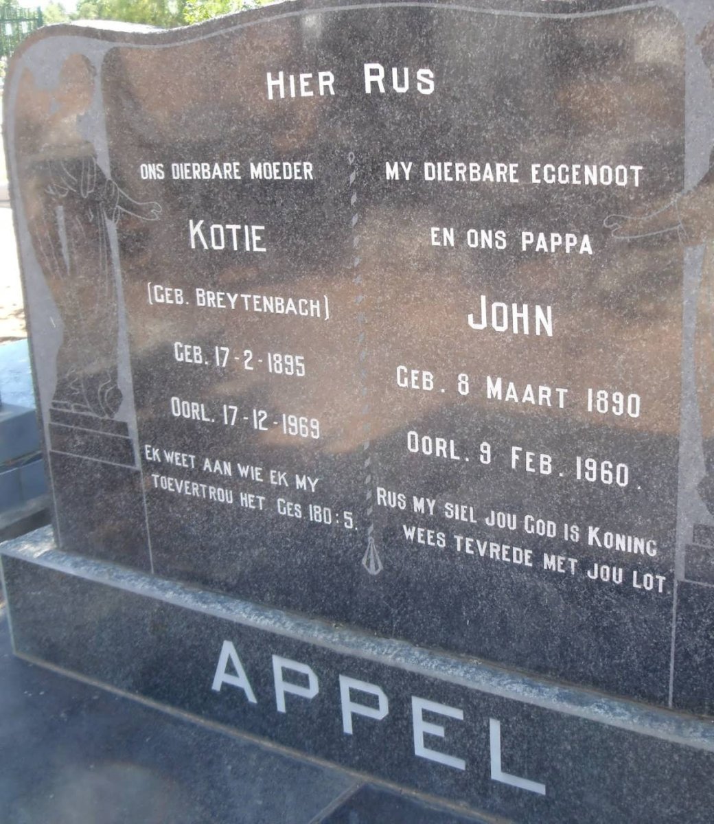 APPEL John 1890-1960 &amp; Kotie BREYTENBACH 1895-1969