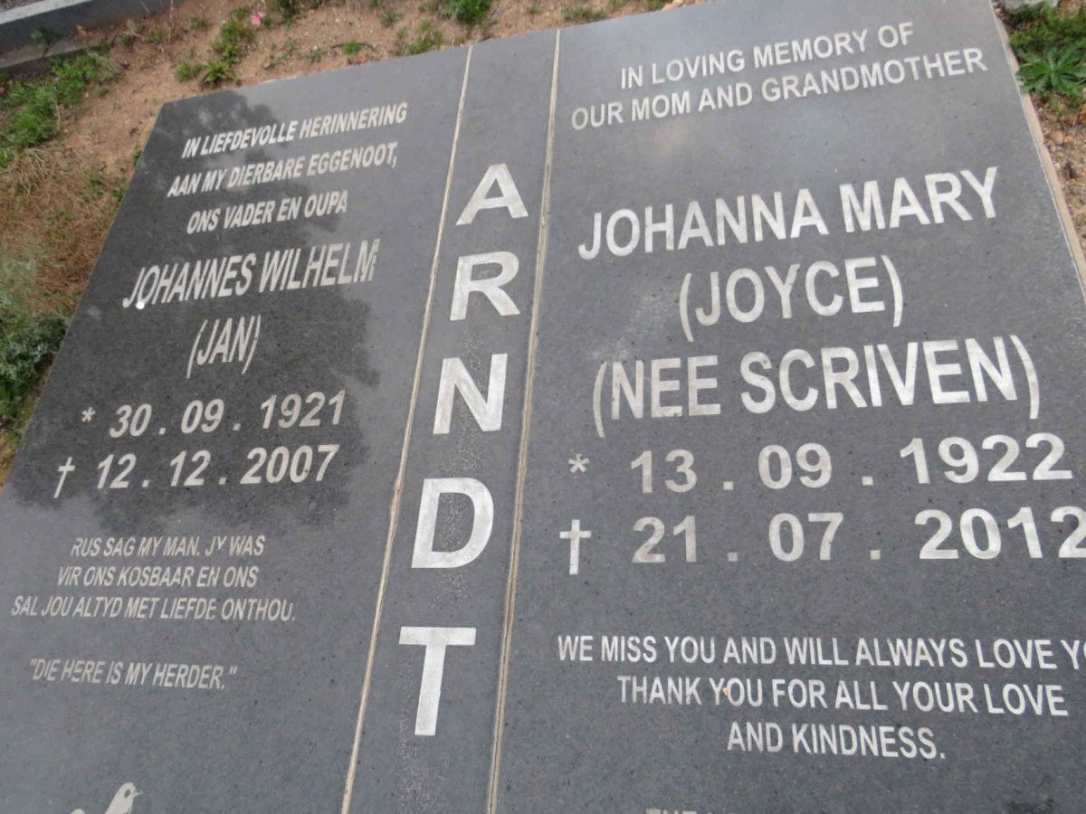 ARNDT Johannes Wilhelm 1921-2007 & Johanna Mary SCRIVEN 1922-2012