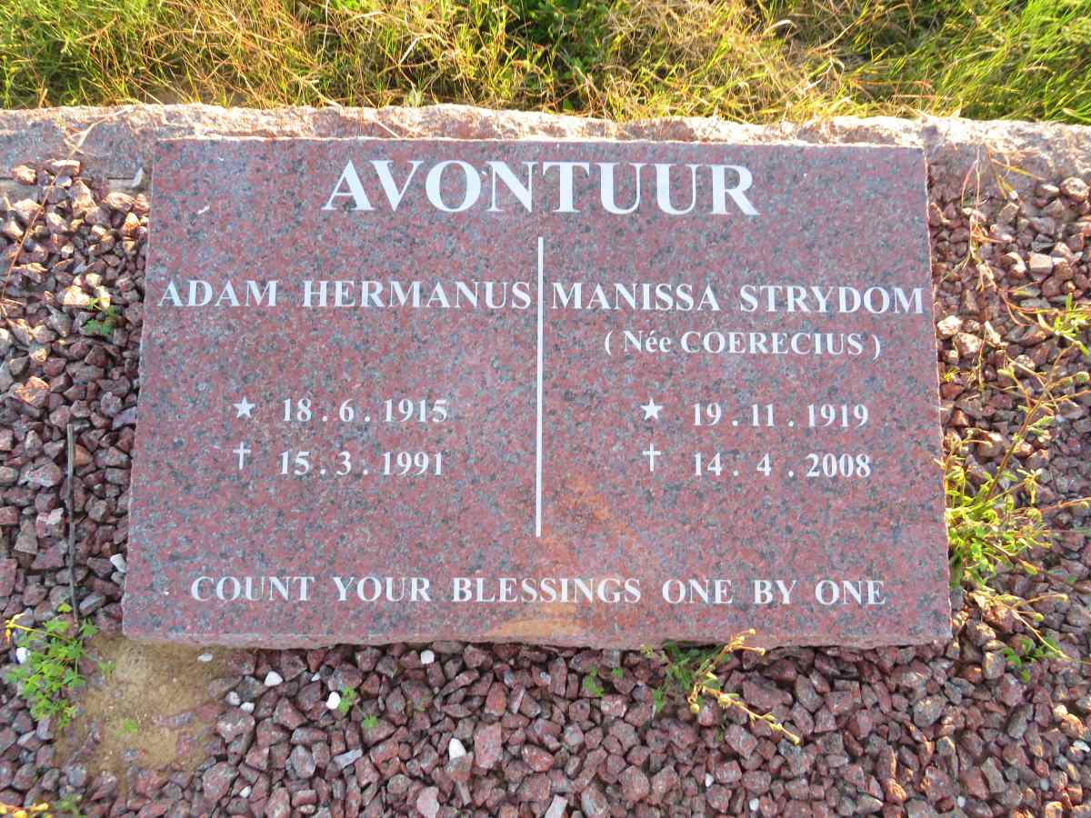 AVONTUUR Adam Hermanus 1915-1991 & Manissa Strydom COERECIUS 1919-2008