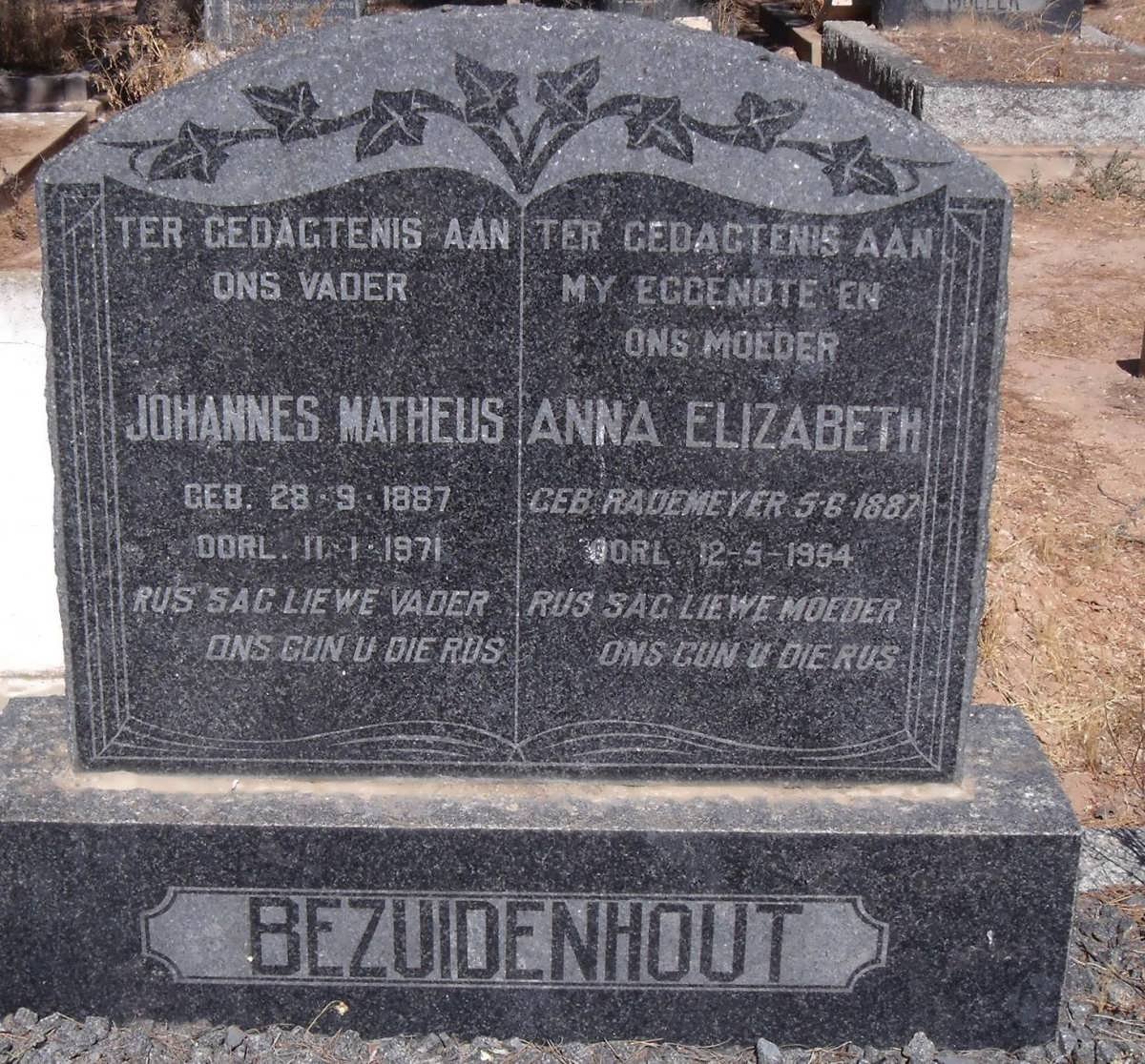BEZUIDENHOUT Johannes Matheus 1887-1971 &amp; Anna Elizabeth RADEMEYER 1887-1954